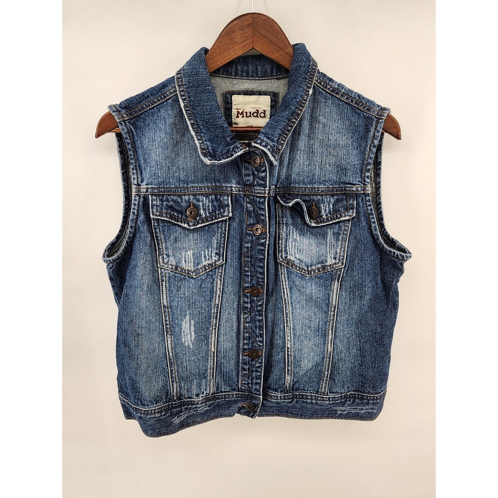 Mudd Womens XL‎ Blue Distressed Denim Trucker Vest Sleeveless Jacket